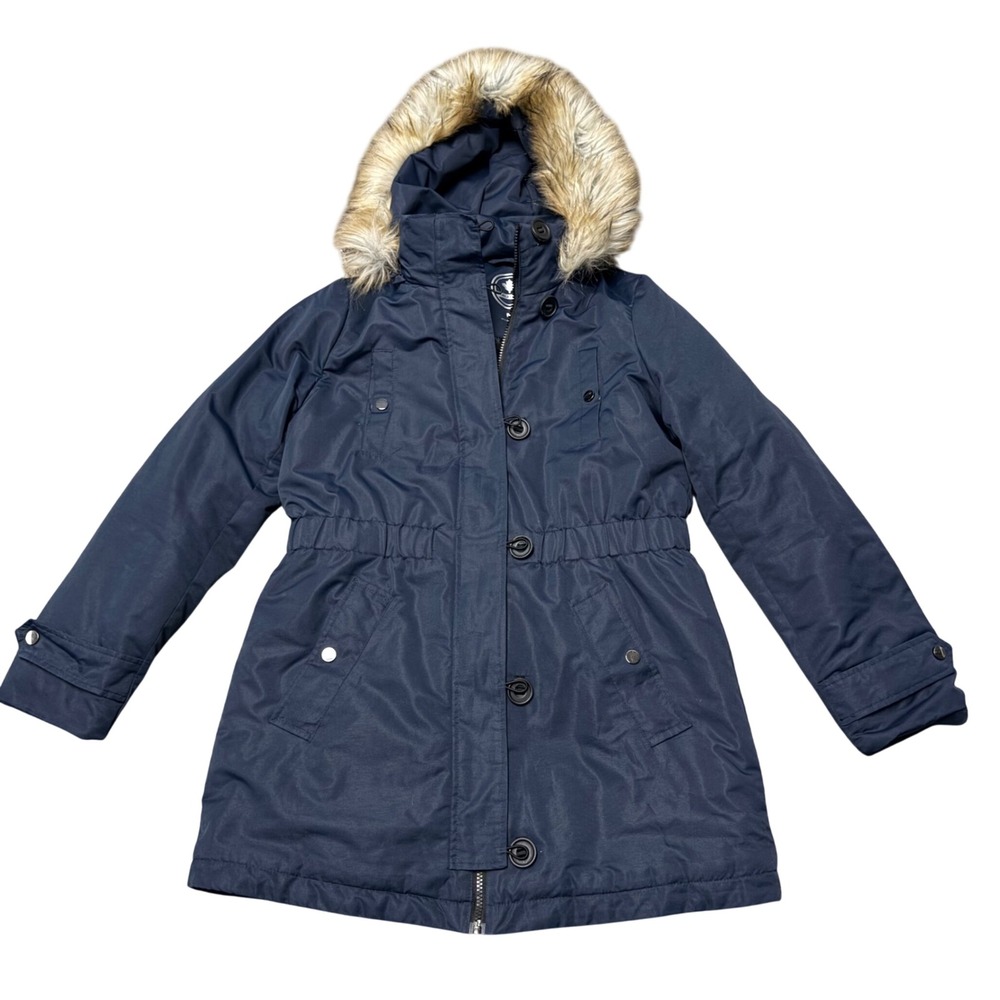 Halitech Womens Parka Jacket Medium Navy Blue Faux Fur Trim Hooded Winter Coat